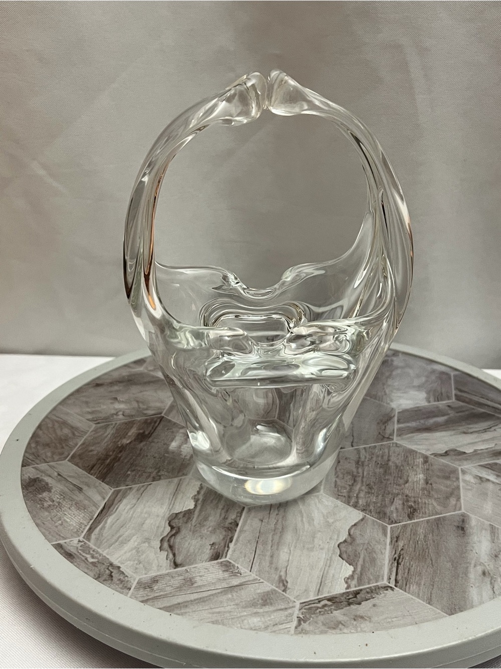 Vintage Clear Art Glass Crystal Basket Hand Blown Sculptural Decor 7”